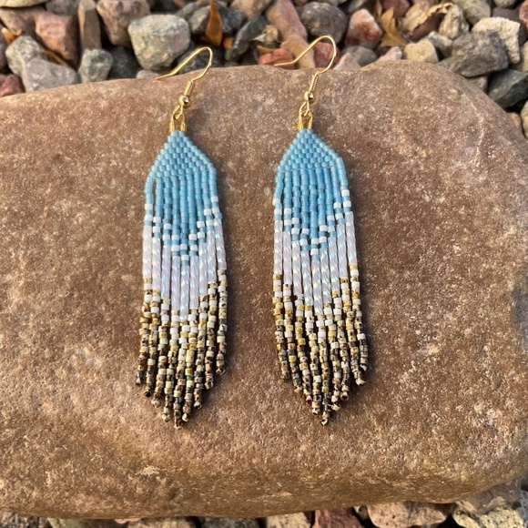 Sky Blue Beaded Earrings with Picasso Fringe, New, Handmade by Me - Picture 2 of 7